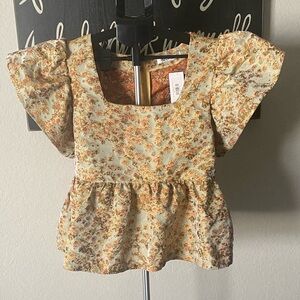 Floral Puff-Sleeve Peplum Top - Yellow Floral